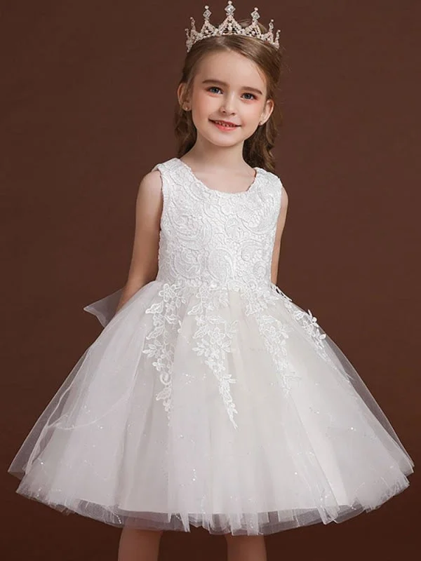 White Jewel Neck Sleeveless Flower Girl Dresses A-Line Embroidered Formal Kids Pageant Dresse