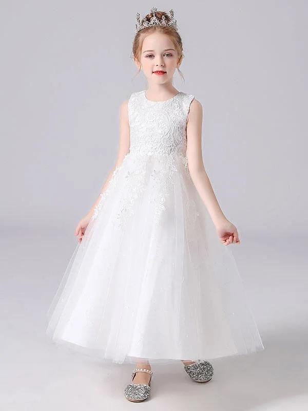 White Jewel Neck Sleeveless Flower Girl Dresses Kids Party Dresses