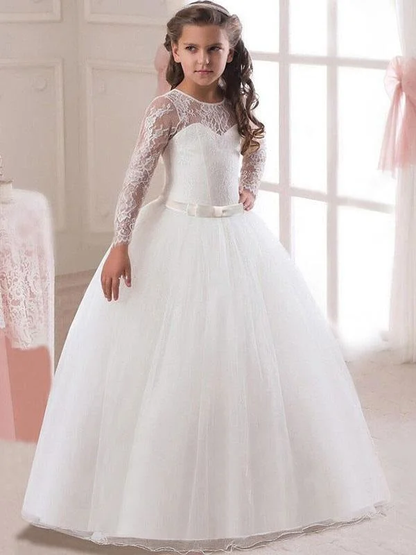 White Lace Ball Gowns Flower Girl Dresses Long Sleeve Princess Pageant Dress