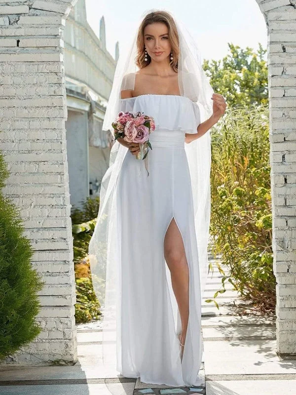 High-Fashion Wedding Gown White Simple Wedding Dress Chiffon Bateau Neck Sleeveless Split Front A-Line Long Bridal Gowns High-Fashion Wedding Gown White Simple Wedding Dress Chiffon Bateau Neck Sleeveless Split Front A-Line Long Bridal Gowns