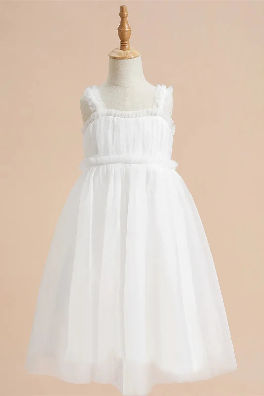 Modern Gown White Square Neck Ruffles Pleated Flower Girl Dress