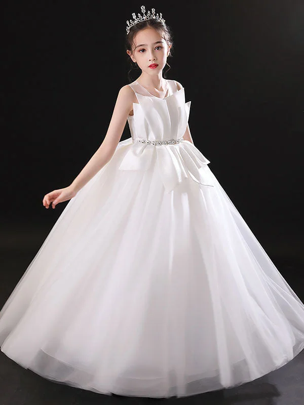 White Tulle Princess Flower Girl Dresses Jewel Neck Sleeveless Floor-Length Pleated Kids Party Dresses