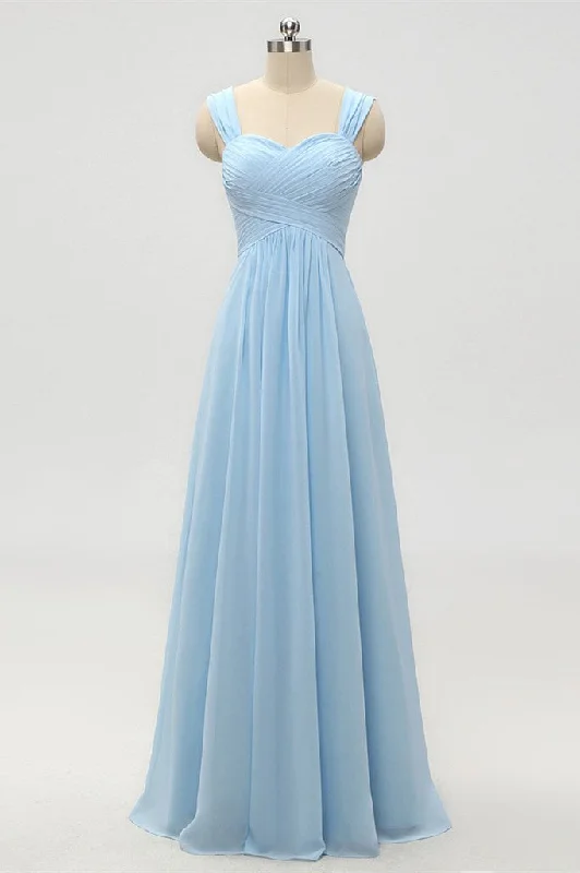 Rhinestone Embellished Gown A-Line Empire Waist Light Blue Long Bridesmaid Dress