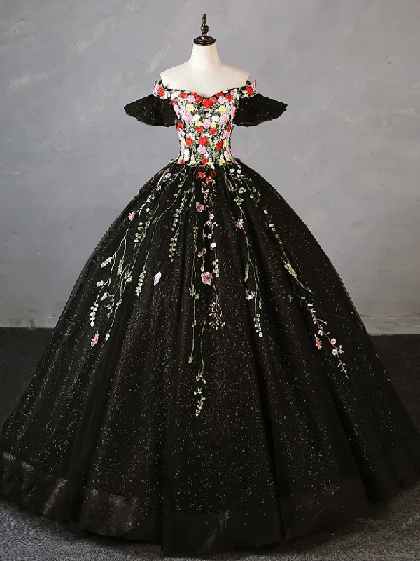 Couture Wedding Gown Black A-Line Off Shoulder Embroidery Formal Party Gown,DP1088