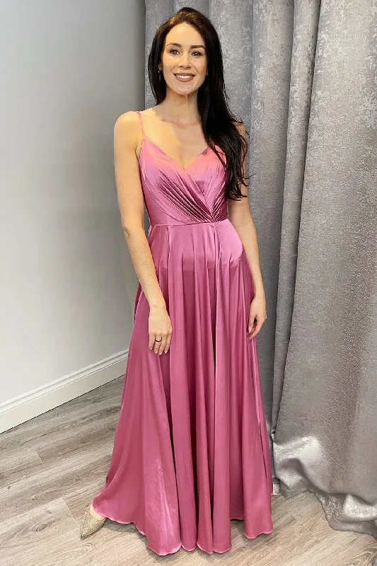 Tailored Wedding Dress A-Line Straps Dusty Rose Satin Long Bridesmaid Dress