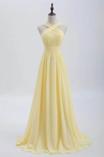 Tulle Gown A-Line Yellow Chiffon Long Bridesmaid Dress