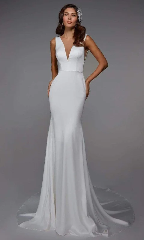 High-Fashion Wedding Gown Alyce Paris - 7021 V Neck Crepe Bridal Dress