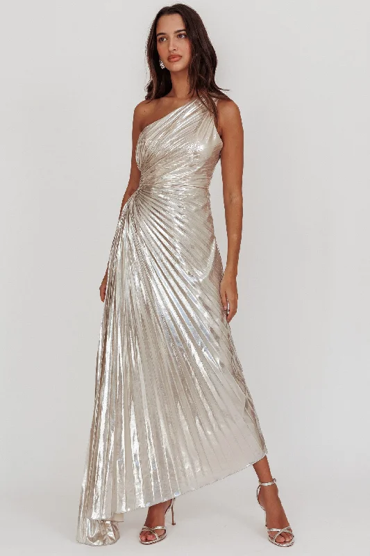 Minimalist Gown Amelie One-Shoulder Accordion Pleat Maxi Dress Champagne