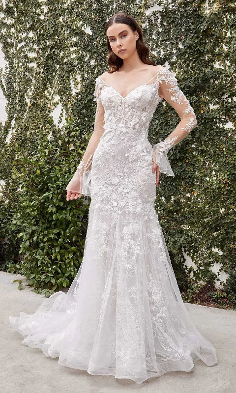 One-Shoulder Gown Andrea and Leo - A1073W Flared Sleeve Embroidered Bridal Gown