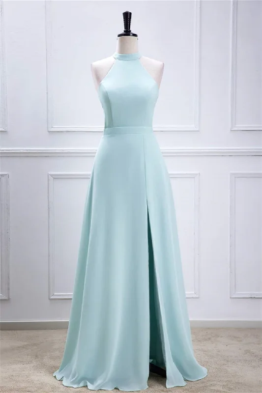 Couture Wedding Gown Aqua Blue Halter Chiffon Long Bridesmaid Dress with Slit