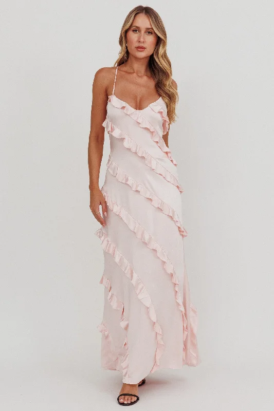 Regal Satin Gown Arrabel Ruffle Trim Maxi Dress Blush