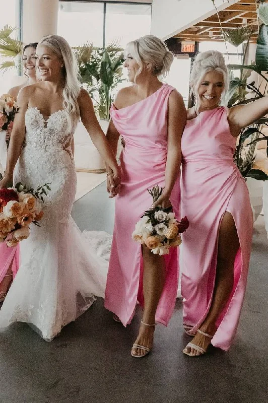 Custom Fit Gown Asymmetrical One Shoulder Bridesmaid Dress with Slit