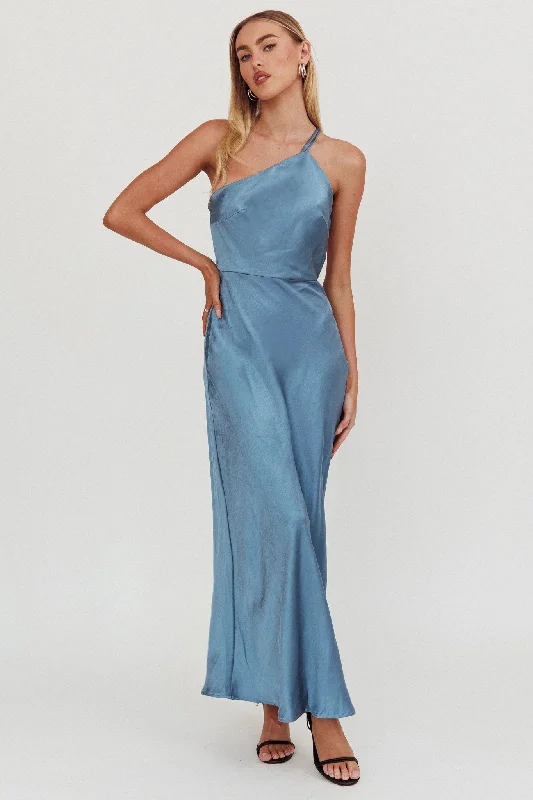 Dramatic Train Gown Aubrianna One-Shoulder Strappy Back Dress Midnight Blue