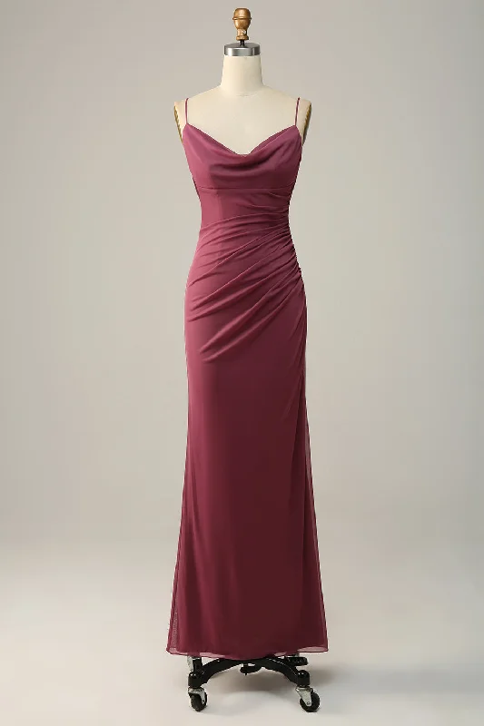 Gold Embroidered Dress Backless Desert Rose Cowl Neck Ruched Long Bridesmaid Dress