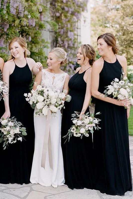 Spaghetti Straps Long Black Bridesmaid Wedding Party Dress