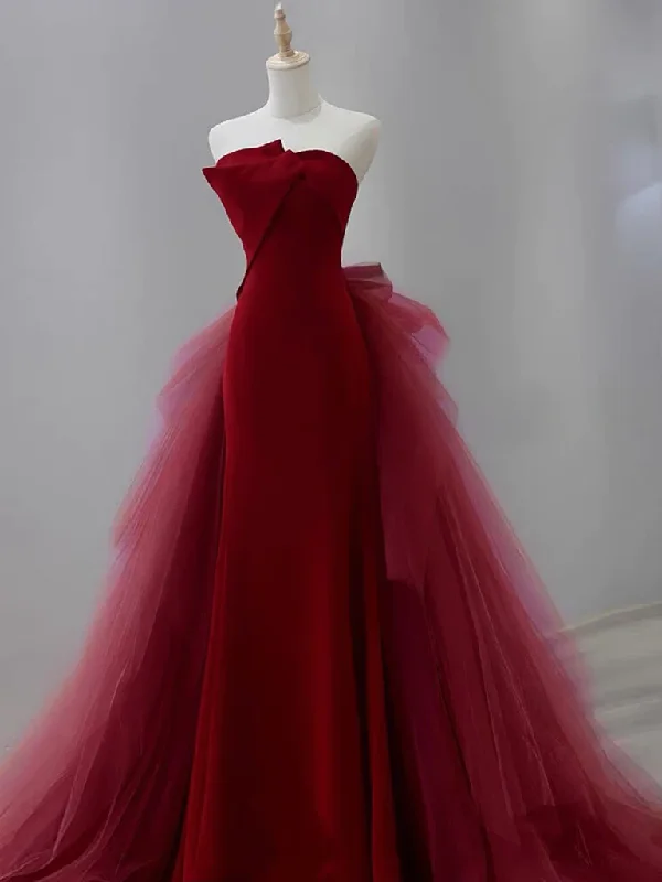 Ruffled Ball Gown Burgundy Strapless Mermaid Tulle Formal Prom Dress,DP1086