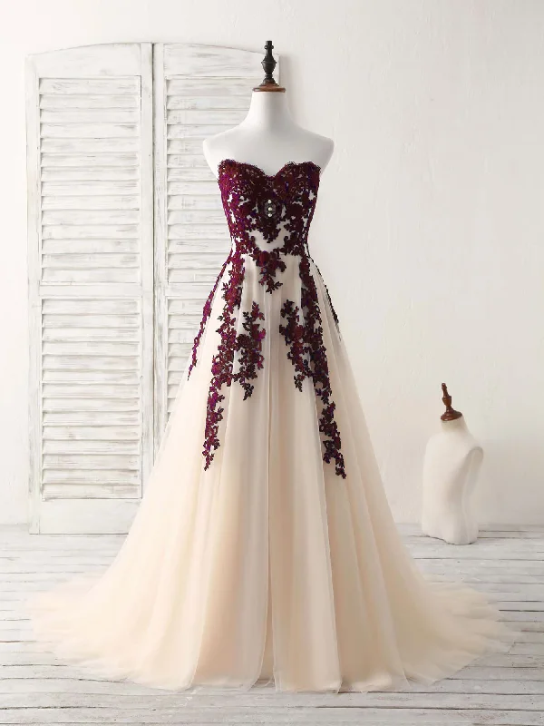 Long Train Gown Elegant Strapless A-Line Tulle Appliques Formal Prom Dress,DP1091