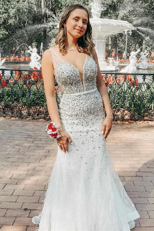 Puffy Sleeve Dress White Backless Beading Mermaid Formal Party Dress with Feather,DP1295