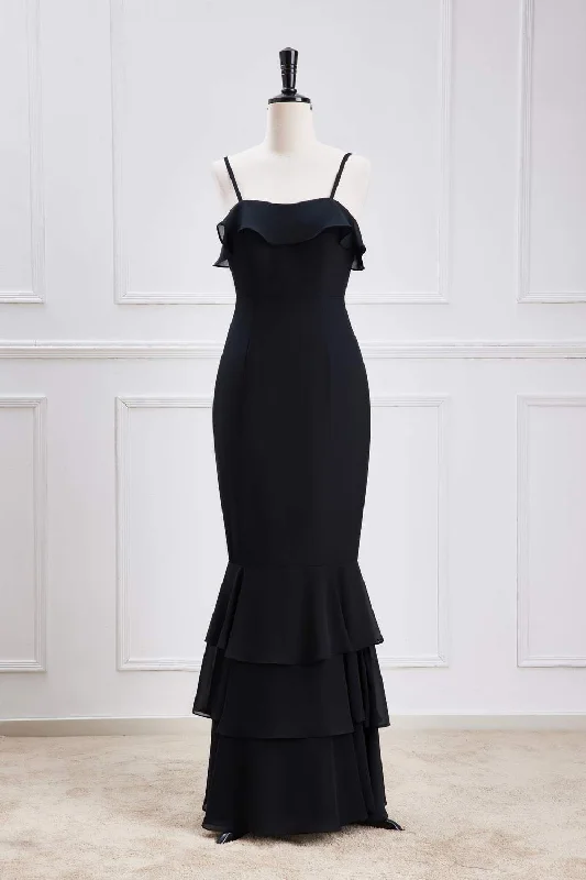 Ruffled Ball Gown Black Straps Ruffle Multi-Layer Chiffon Maxi Dress