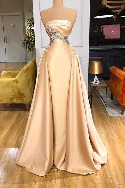 Puffy Sleeve Dress Champagne Strapless Satin Beading Long Prom Dress Formal Party Dress,DP1453 Puffy Sleeve Dress Champagne Strapless Satin Beading Long Prom Dress Formal Party Dress,DP1453