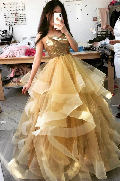 Dreamy Wedding Gown Gold A-Line Spaghetti Straps Tulle Long Prom Dress Evening Gown,DP1451 Dreamy Wedding Gown Gold A-Line Spaghetti Straps Tulle Long Prom Dress Evening Gown,DP1451