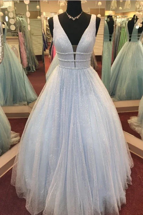 Long Train Gown Shiny V Neck Tulle A-Line Long Prom Dress Formal Party Dress,DP1283