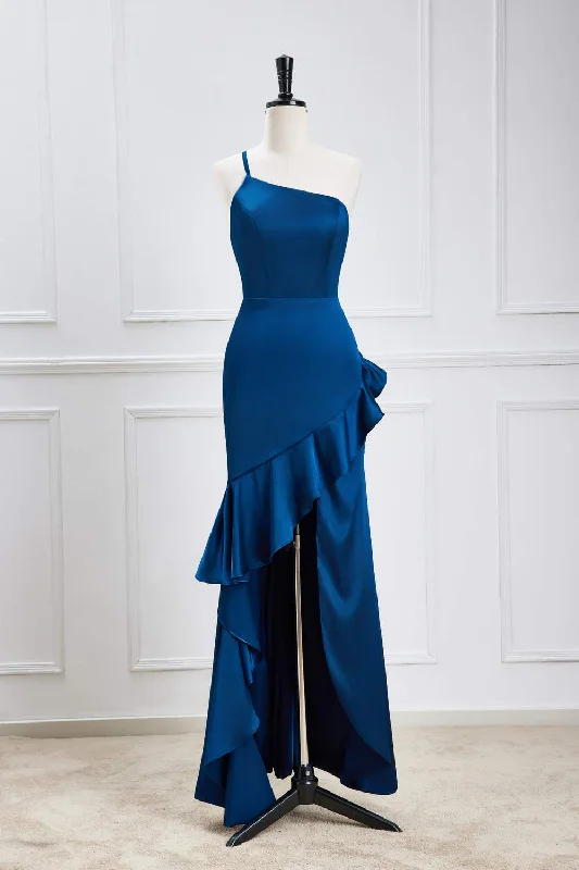 Rhinestone Embellished Gown Blue One Shoulder Ruffle Satin Mermaid Maxi Dress