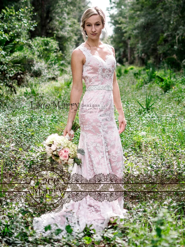 Boho Blush Wedding Dress from Scalloped Chantilly Lace