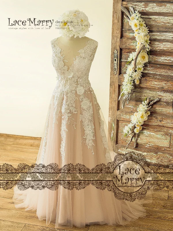 Boho Blush Wedding Dress with Ivory Lace 3D Flower Appliques