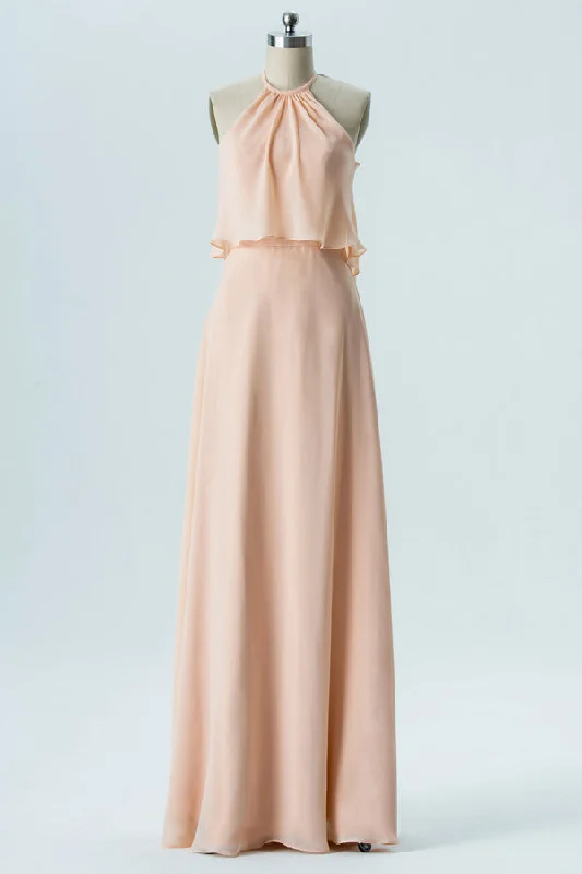 Dreamy Wedding Gown Boho Chiffon Peach Halter Long Birdesmaid Dress