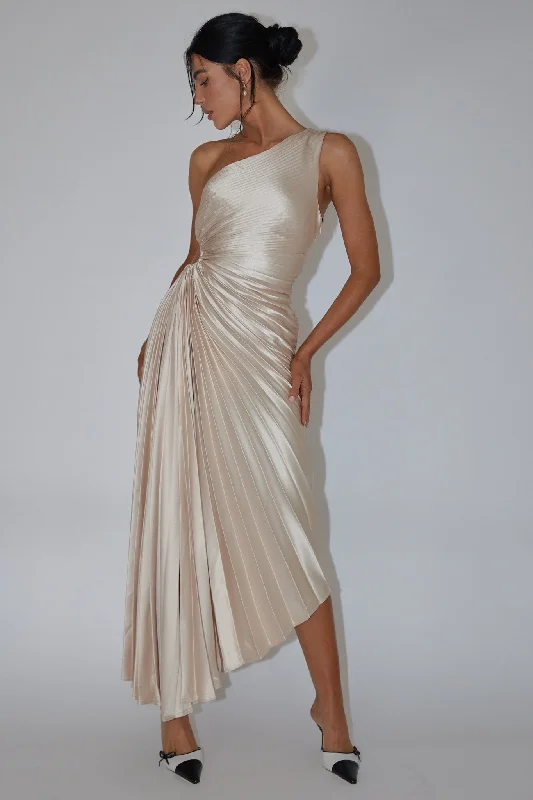 Short Wedding Dress Brooklynn One-Shoulder Accordion Pleat Dress Champagne