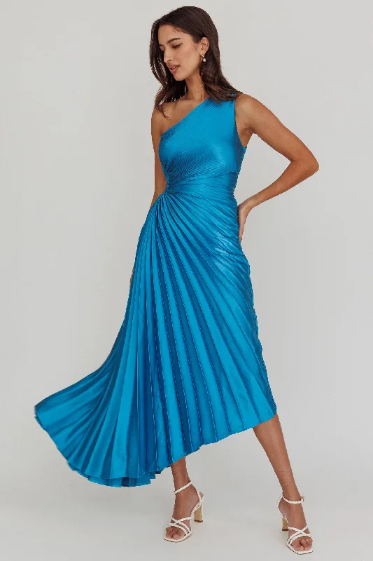 Crystal Embellished Dress Brooklynn One-Shoulder Accordion Pleat Satin Midi Dress Teal