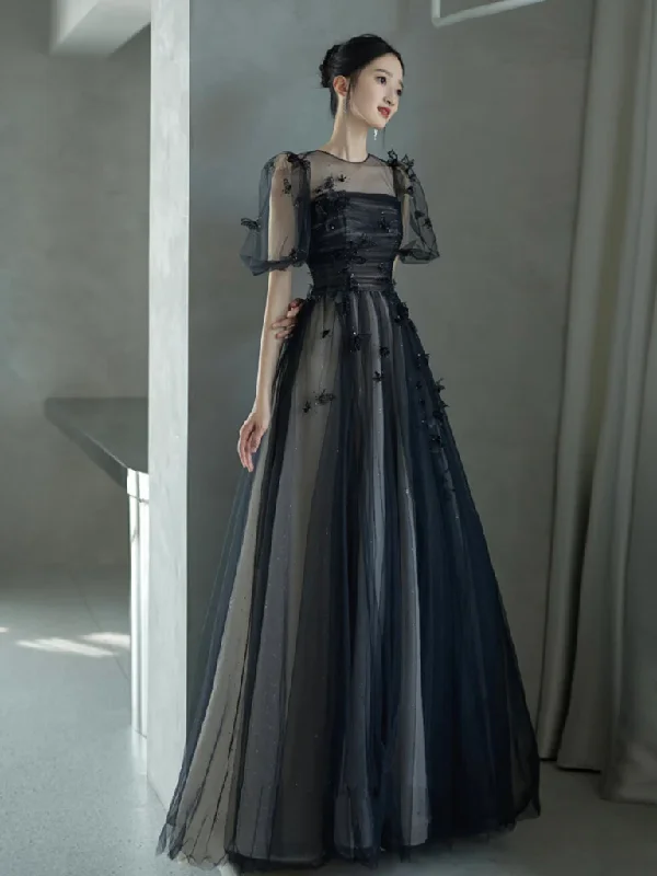 Pearl Embellished Dress A-Line Short Sleeves Tulle Formal Long Prom Dress,DP1087