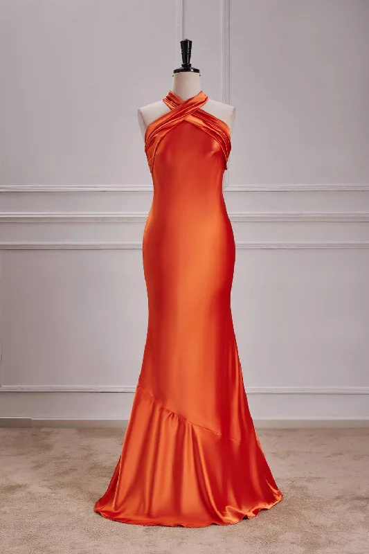 Long Train Gown Burnt Orange Halter Mermaid Satin Maxi Dress