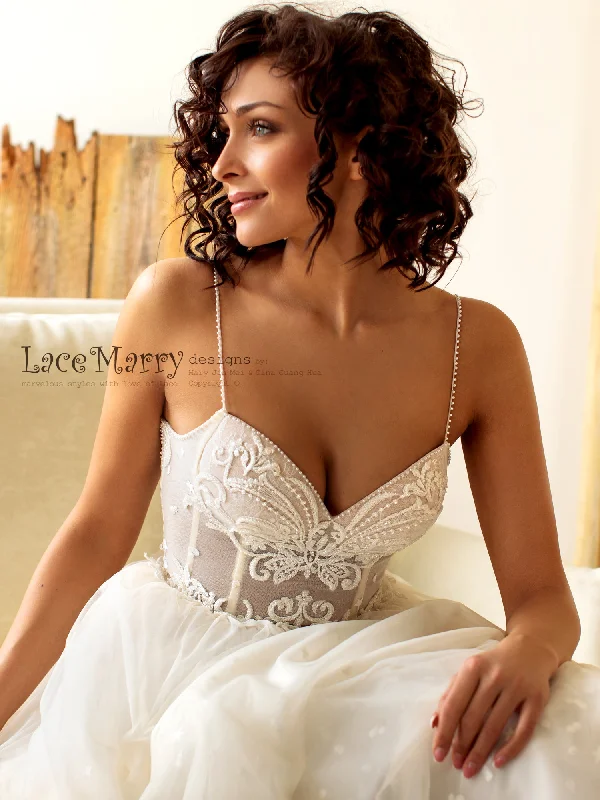 Sparkly Gown Bustier Bodice Wedding Dress with Extra Thin Straps