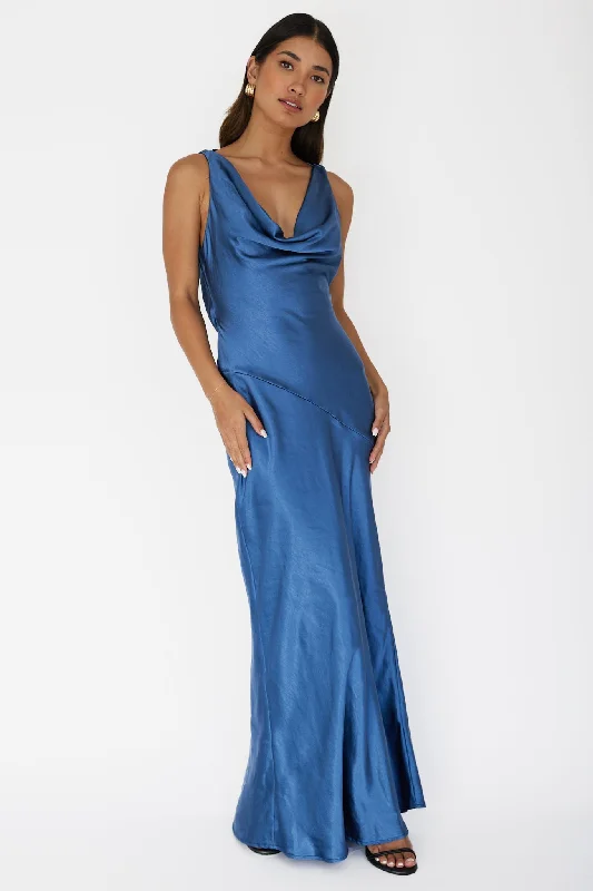 Feathered Gown Cassiopeia Open Back Maxi Dress Navy