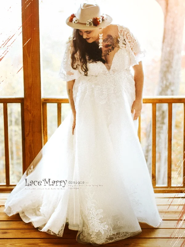 Hand-Stitched Lace Dress CELINE / A Line Wedding Dress with Flutter Sleeves