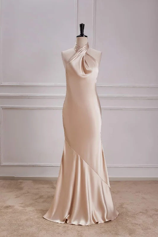 Ruched Bodice Dress Champagne Crossed Halter Mermaid Bridesmaid Dress