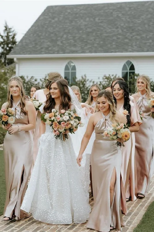 Traditional Gown Champagne Halter Slit Long Bridesmaid Dress