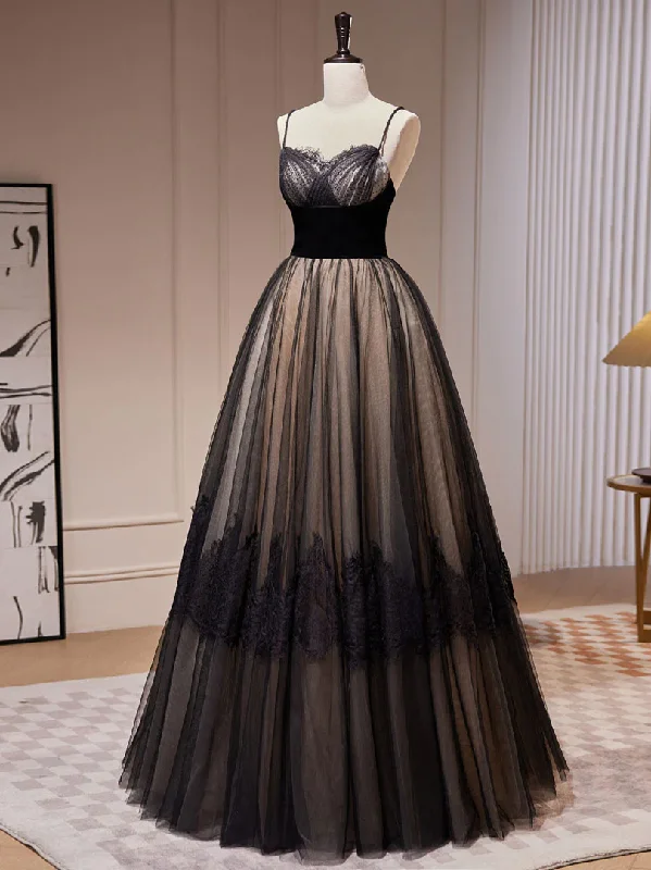 Ball Gown Black A-Line Spaghetti Straps Tulle Lace Long Prom Dress,DP1081