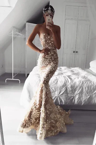 Backless Gown Sweetheart Lace Appliques Mermaid Long Prom Dress,DP1454