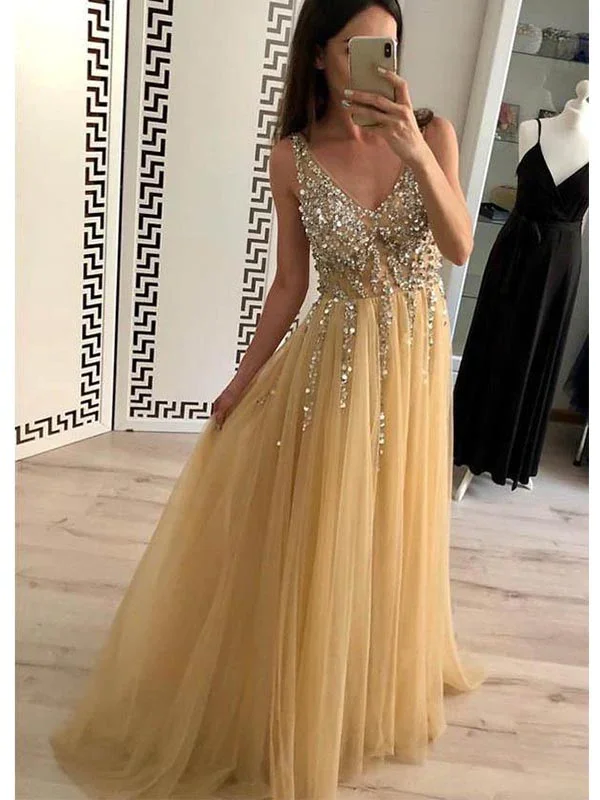 Embellished Gown Charming A-Line Tulle V-Neck Floor Length Prom Evening Dresses With Beads,DP1102 Embellished Gown Charming A-Line Tulle V-Neck Floor Length Prom Evening Dresses With Beads,DP1102
