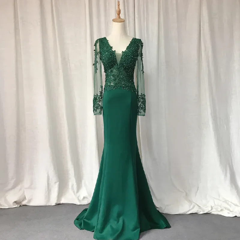Sheer Sleeve Dress Green Long Sleeves Appliques Mermaid Formal Prom Dress,DP1103