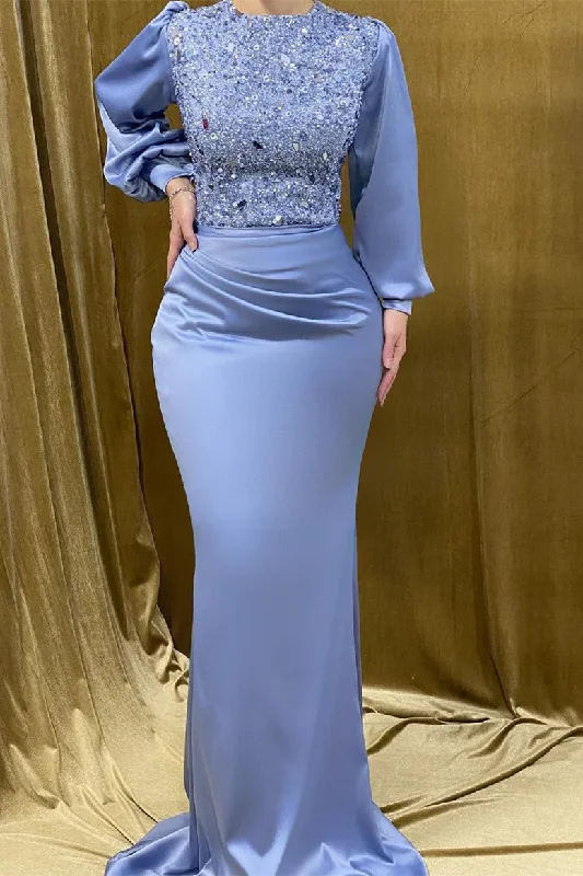 Pleated Gown Charming Long Satin Sequins Mermaid Prom Dress With Long Sleeves,DP1107 Pleated Gown Charming Long Satin Sequins Mermaid Prom Dress With Long Sleeves,DP1107