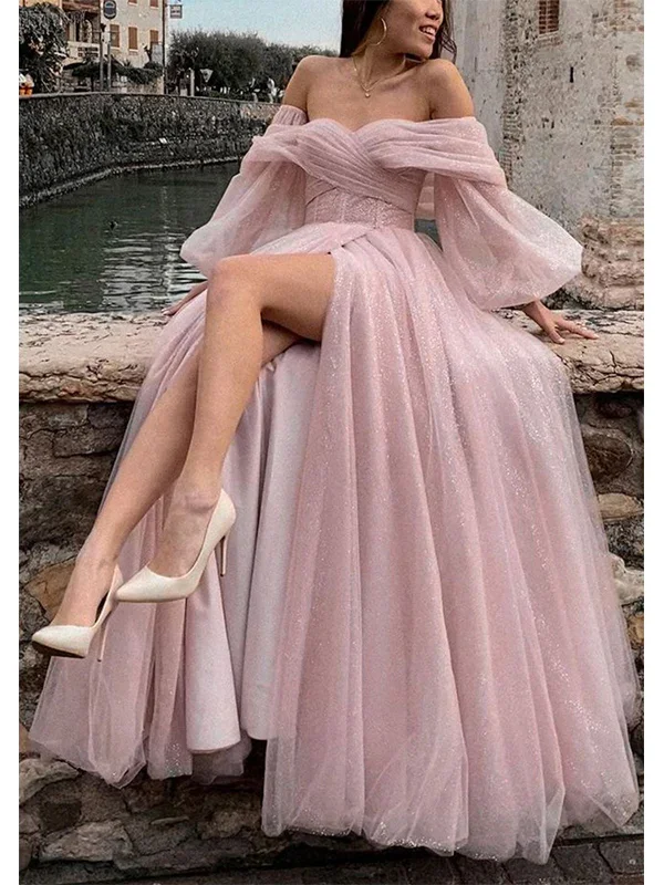 Chic Wedding Gown Charming Off The Shoulder Long Sleeves A-Line Tulle Long Formal Dress With Slit,DP1101 Chic Wedding Gown Charming Off The Shoulder Long Sleeves A-Line Tulle Long Formal Dress With Slit,DP1101