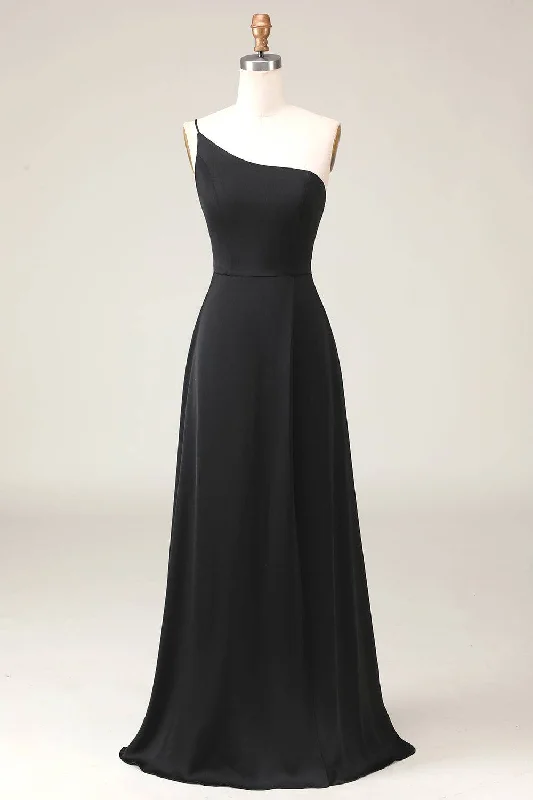 Chiffon Dress Chic One Shoulder Black Chiffon Long Bridesmaid Dress