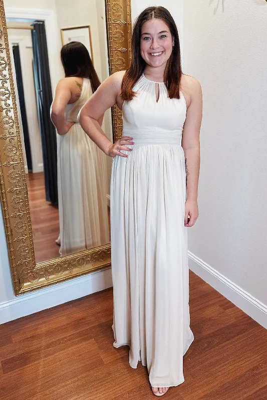 Handcrafted Wedding Gown Chiffon Ivory Keyhole Pleated Long Bridesmaid Dress
