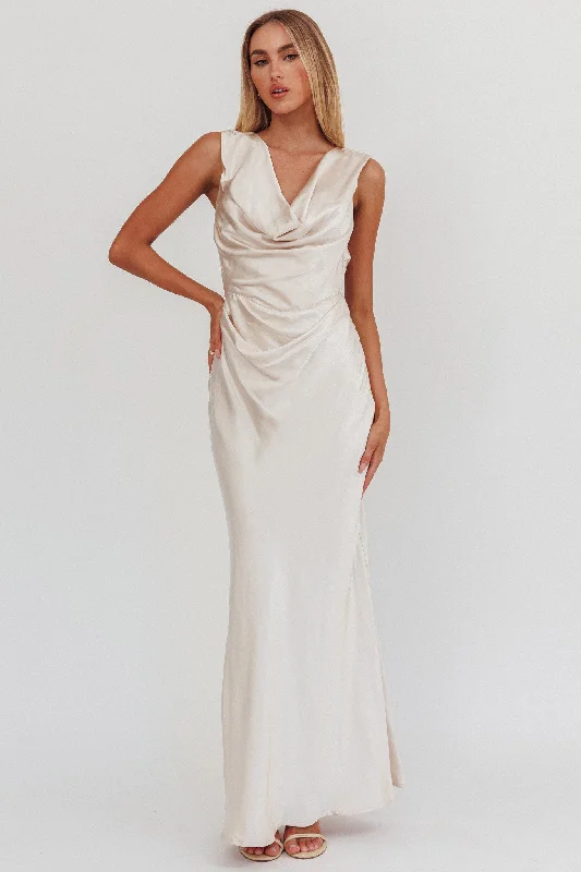 Soft Tulle Dress Chills Cowl Neck Satin Maxi Dress Champagne