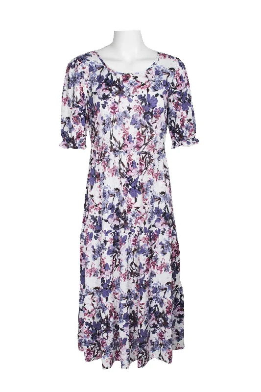 Connected Apparel Short Sleeve Floral Print Dress