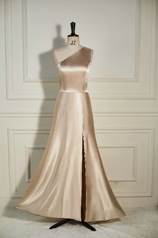 Elegant Satin Dress A-Line One Shoulder Champagne Slit Long Bridesmaid Dress